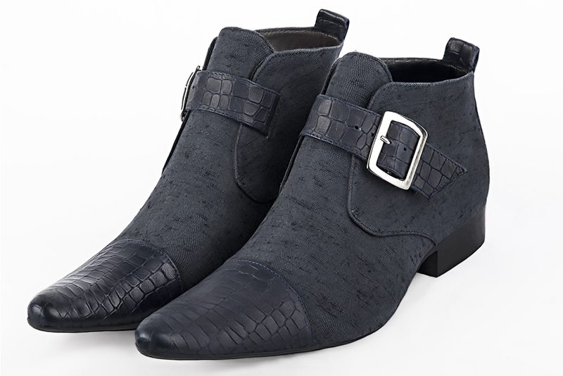 Navy blue dress booties for men. Tapered toe. Flat leather soles - Florence KOOIJMAN